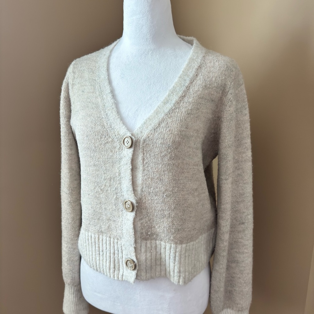 lola Neutral Beige V-Neck Button Cardigan Sweater